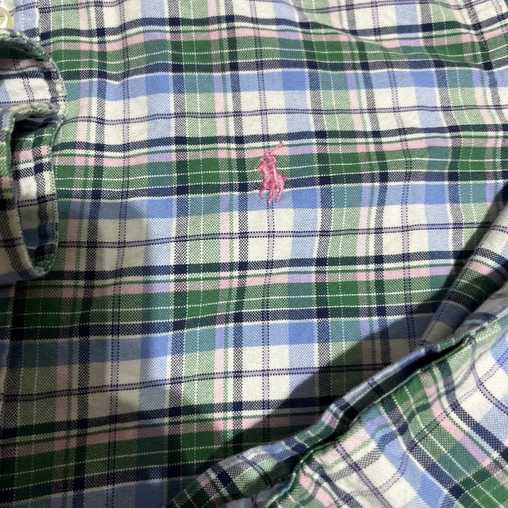 Ralph Lauren Shirt Men's‎ Custom Fit Size L Green Blue  Plaid Cotton Casual